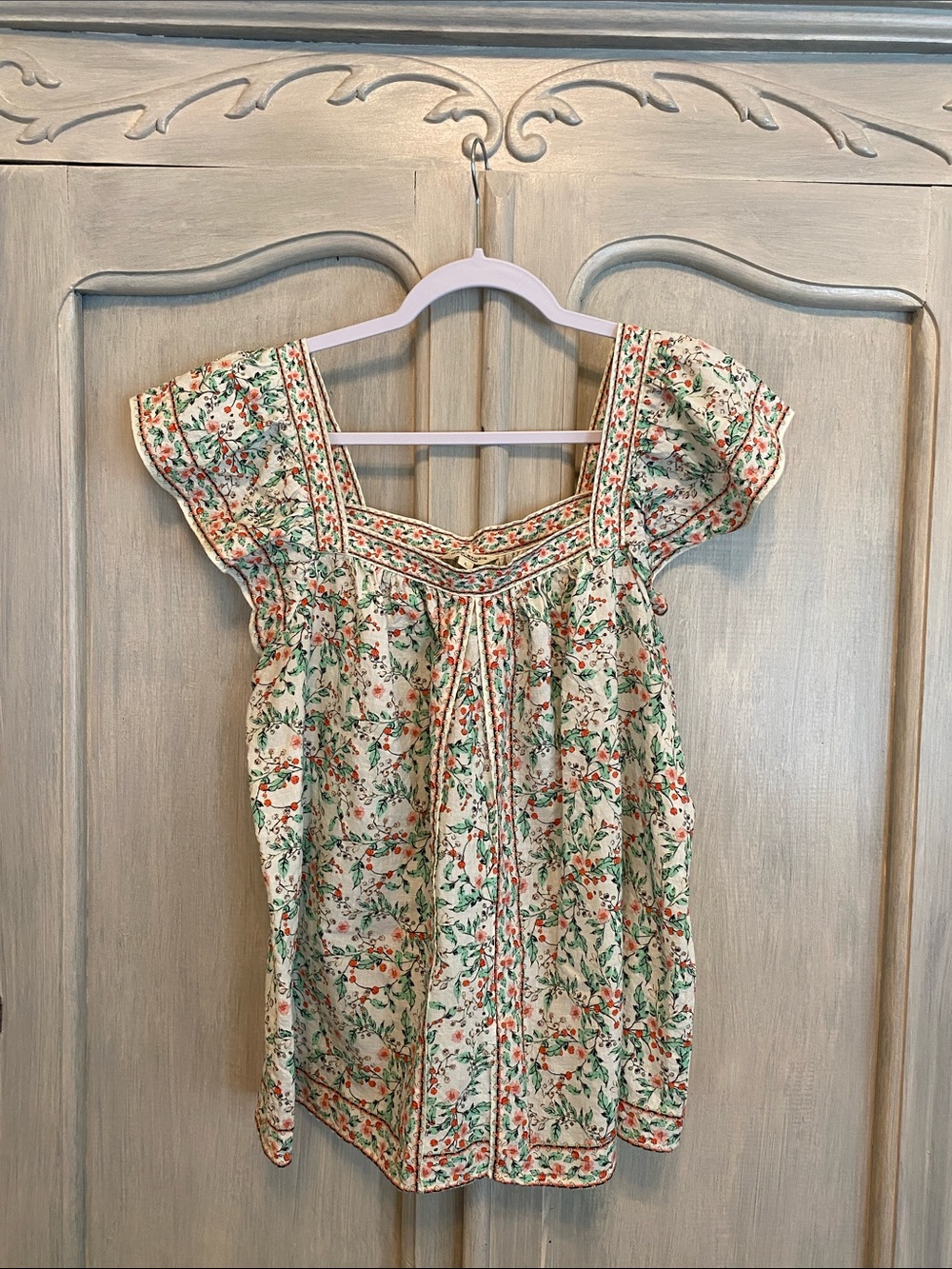 Max Studio Cream Floral Square-Neck Blouse with Green & Red Accents